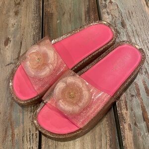 Kate Spade Splash Glitter Pink Slides Sandals 3D Floral Rosettes Logo Size 9